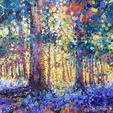 Bluebells under trees , painted with dots in vibrant colours. 