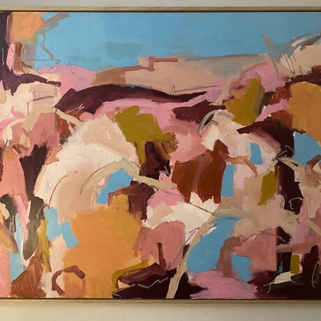 Pink and blue abstract painting of a landscape