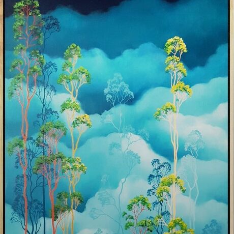 Australian landscape with aqua sky and gold, red and beige gum trees in the tree canopy above, framed with a floating frame, Lucinda Leveille, original artwork,  Australiana