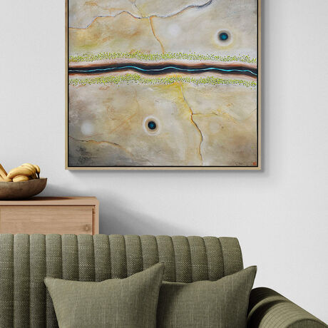 River's Journey is a modern contemporary abstract landscape painting that features a textured aerial perspective bathed in soft neutral tones. The composition is marked by a serene river cutting horizontally across the canvas.