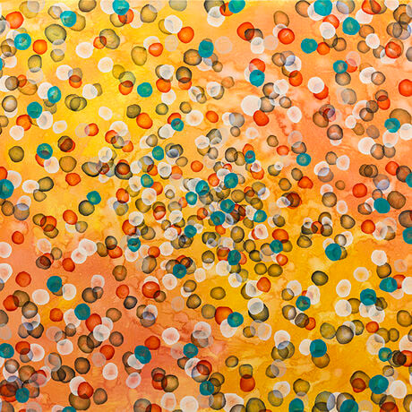 Big Bright Art. Abstract painting with dots and organic forms reminiscent of science, the sea or underwater. Colourful with many layers of colour and floating forms. A unique mixing of original abstract art with microbiology and science. Cellular art. Jelly fish forms. Calming and peaceful. Studio Clerarance