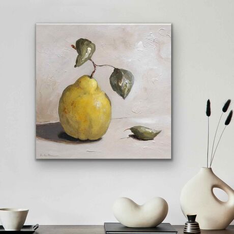 A small original still life painting of a quince with leaves on a neutral background