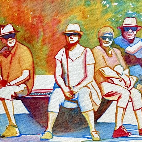 "Leisurely Pause" captures a moment of calm and companionship as four individuals sit together on a bench, each seemingly lost in their own thoughts. The watercolor painting uses a warm, inviting palette to highlight the relaxed atmosphere of the scene, with soft, flowing lines that bring out the subtle details of their casual attire and sunlit surroundings. The interplay of light and shadow enhances the sense of peacefulness, making this artwork a delightful depiction of simple, everyday moments shared in good company.