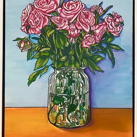 Pink roses in a glass vase, painted in a bright popart/cartoon  style with bright, cheerful light blue ax orange background. Realistic but with a slight cartoon twist in the bright colours and bold outlines. 
Set in a white timber frame that makes the bright colours pop. 