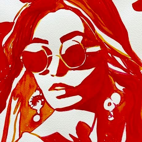 This striking artwork captures the essence of bold style and confidence. Rendered in rich shades of red and orange, the subject exudes an air of effortless sophistication. The minimalist composition emphasizes the stylish sunglasses and elegant earrings, creating a powerful visual statement that speaks to the subject's self-assured presence. This piece is a celebration of modern fashion and the timeless allure of confident femininity.