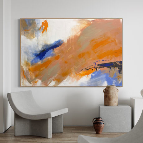 bold marks and colour fields in orange, peach, apricot, beige, white, blue and grey across a large canvas