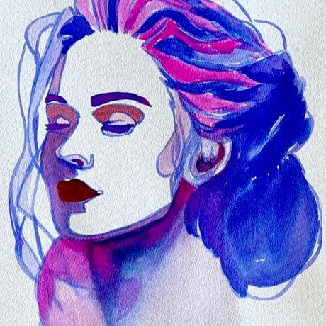 Presenting 'Silent Whispers,' a striking watercolour portrait that captures the quiet intensity of a moment paused in time. This artwork features a contemplative figure, her eyes gently closed, adorned with vivid hues of blue and pink that flow through her hair and face. The expressive brushwork and the interplay of light and shadow create a dynamic yet serene composition, evoking a sense of inner peace and thoughtfulness. Perfect for those who appreciate the beauty of nuanced human expressions and the delicate art of watercolor.