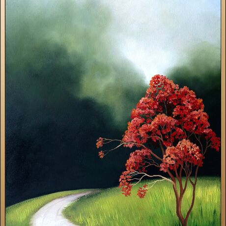 A deep dark green sky, bright red tree and highlighted path, Lucinda Leveille, landscape, framed, orginal art