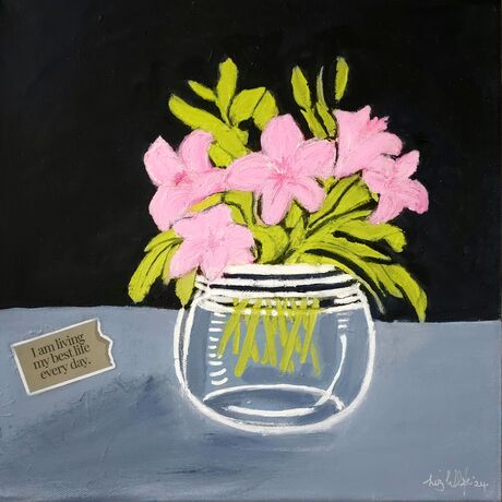 Pink flowers with green leaves in a glass vase against a dark paynes grey and light paynes grey background sides are painted to match