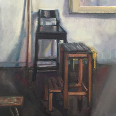 A painting of a broom chair, and several stools with a painting in the background, with a touch of surrealism.