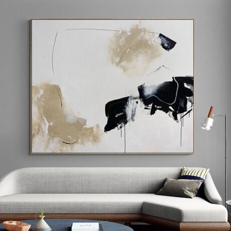 bold marks in beige and black across the canvas suggestive of open spaces made from large expressive marks with pops of white across the canvas