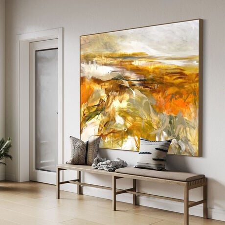 Subtle tones in warm earthy beige, apricot, orange, ochre, brown, white, grey, olive and light green combined with large expressive pencil and paint marks, across the canvas surface. 