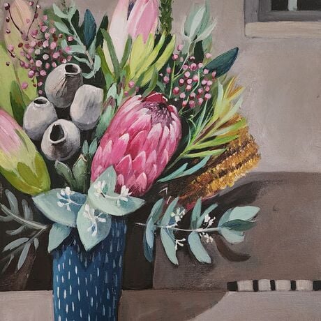 A whimsical decorative still life with Australian native flowers.
