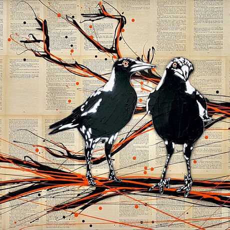 4 cheeky magpies on a branch on book pages