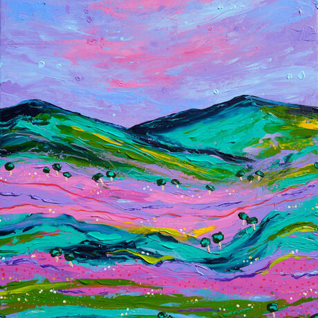 Vibrant rainbow coloured landscape with pink, green and blue - abstract interpretation of hilly country Victoria