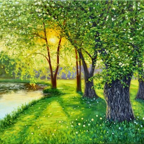 Landscape painting with the sun shining through the spring trees on the bank of the lake