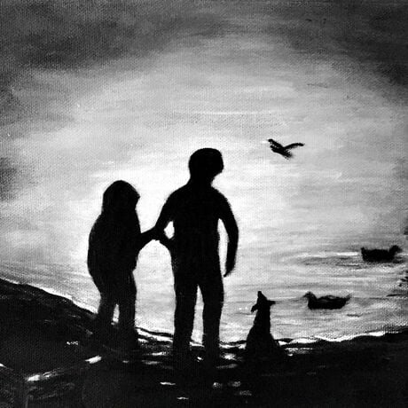 Two children and their dog visiting the duck pond and watching the ducks. The painting is in black and white and features three birds, two ducks swimming on the pond and a third taking off to fly away.