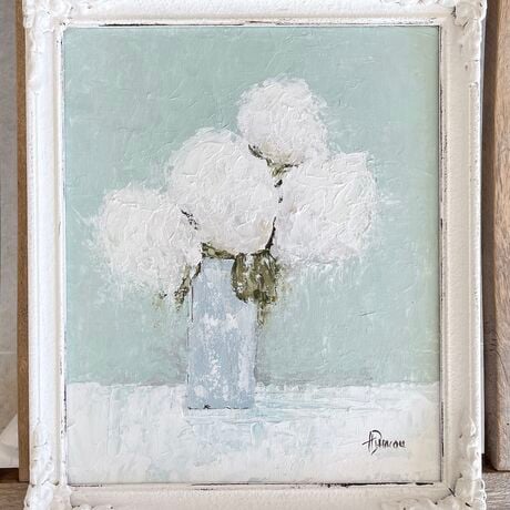 Still Life white hydrangeas in antique frame.