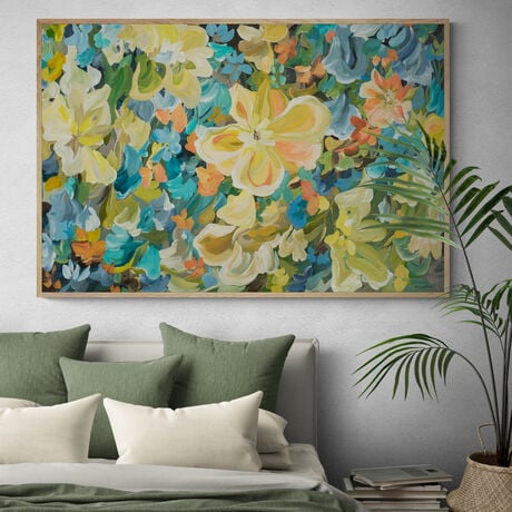 Large Tropical Flower Original Painting in a joyful colour palette of warm orange, yellows, turquoise blues, greens. 