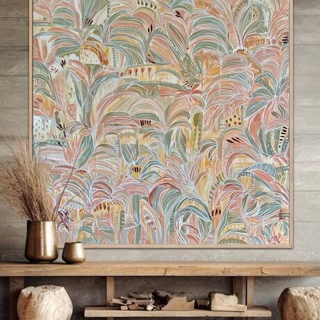 Large acrylic on canvas, abstract floral and botanical landscape by Carley Bourne 