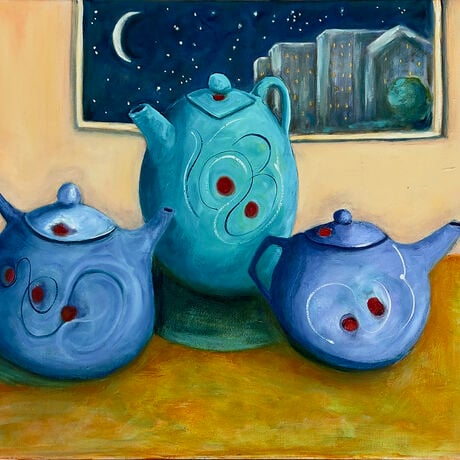 Three Quirky Teapots Against a pink wall and night sky cityscape