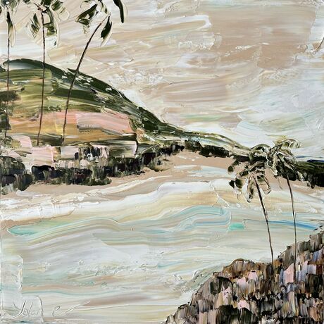 Textured coastal artwork of Byron Bay. Palms sway on a hill overlooking the Pacific Ocean 