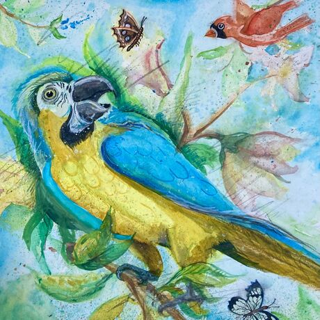 An imaginative painting of a macaw and butterflies