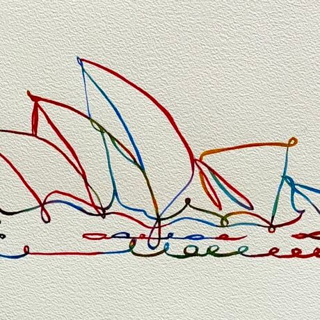 "Sail Symphony" captures the elegance of Sydney’s iconic Opera House in a vibrant and dynamic line art composition. This watercolour artwork uses intertwining lines and bright, playful colours to reflect the architectural beauty and rhythmic flow of the Opera House’s sails. The abstract portrayal invites viewers to see the landmark in a new, imaginative light, evoking movement and the harmonious connection between structure and the sea.