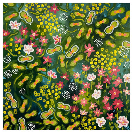 Abstract floral spring painting pink and green 