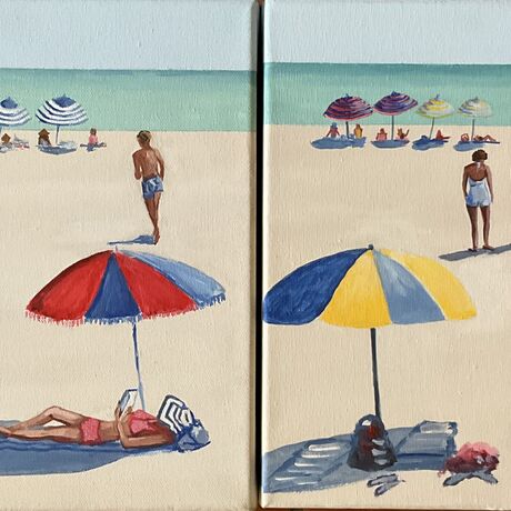 Peope sunbathing on the beach in the sixties under beach umbrellas.