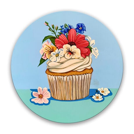 One of four whimsical cupcake paintings, adorned with flowers on circular board, because "happiness is only a cupcake away!"