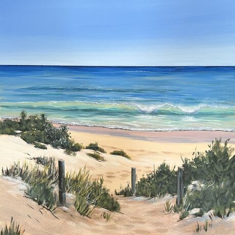 Pathway to the beach with w wave, foliage and shadows in the sand dunes 
