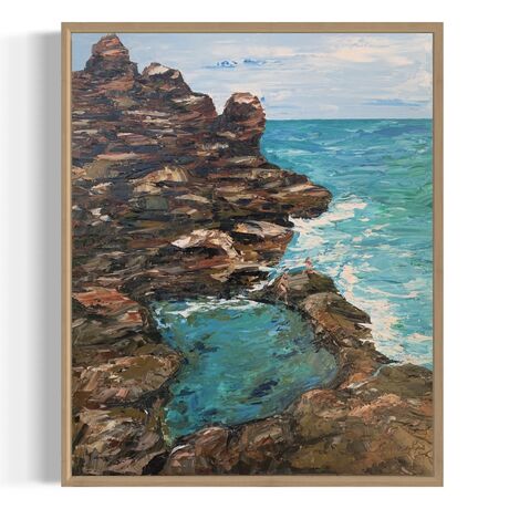 The painting depicts a beautiful seascape with a large rock formation dominating the left side of the canvas. The rock is textured and imposing, with jagged edges and crevices that have been expertly rendered with a palette knife. The rock has a mix of warm and cool tones, with rust-colored earth and grey-blue stone, and a few tufts of green foliage sprouting from its surface.

On the right side of the canvas, there is a wide expanse of deep blue sea, its surface rippling with small waves that catch the light and reflect the sky. The palette knife has been used to create a sense of movement and texture in the water, with thick, swirling strokes of paint that give the impression of currents and eddies.

In the distance, towards the center of the painting, there are two small figures. They are women, their silhouettes blurred and indistinct, as if they are some distance away. One seems to be standing, while the other is seated, perhaps on a rock or on the sand. One of them facing towards the sea, as if lost in contemplation of its vastness. There is a small natural pool in the Center that is deeper blue green in colour giving the impression of stagnant water.

The overall effect of the painting is one of serenity and grandeur, with the rock formation and sea conveying a sense of the power and majesty of nature. The use of the palette knife has given the painting a tactile quality, with the thick layers of paint creating a textured surface that invites the viewer to reach out and touch it.