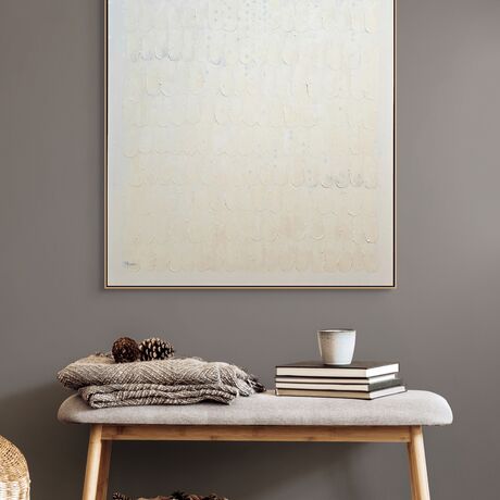 Cream on white canvas, linear patterns of crescent shaped texture overlaid with pale cornflower blue fingerprints in drifting vertical lines.