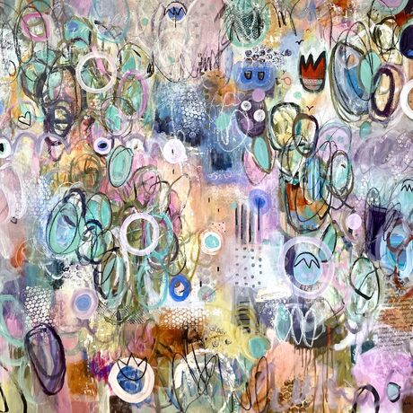 A soft, quiet, but energetic painting.  Soft hues are painted beneath, with drawings of circles and ovals in contrasting paint, crayon, pencil in various sizes.