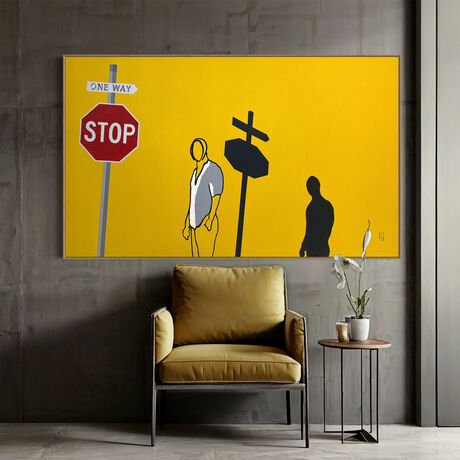 Extra Large black line art image on an earthy mustard/yellow & deep brown colour with figurative imagery.