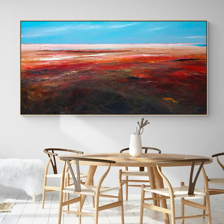 Afternoon's Tender Kiss  by Tania Chanter  is an evocative colourful abstract landscape painting that captures the tranquil yet dramatic moment as the day transitions into night. 
