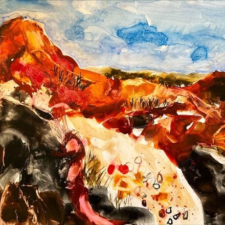 Orange and red rocks, a sandy stony path and dark shady areas under a blue sky, all painted very expressively and loose. 