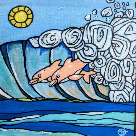 Painting of dolphins in the surf. Original signed on the front and framed.