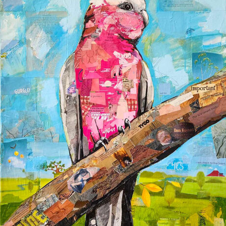 Collaged mixed media painting of a Galah