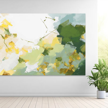 Large strokes of layered colours, greens, grey blues, olive and yellow on a white background.