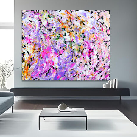 Images show the painting in different lounge rooms.