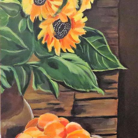 (CreativeWork) "Apricots and sunflowers" by Seva Popa. Acrylic. Shop online at Bluethumb.