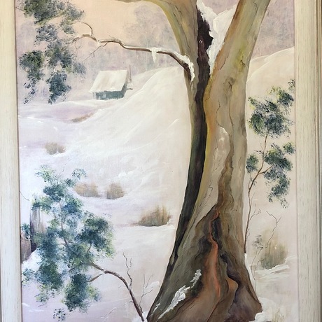 (CreativeWork) Old Snow Gum with Hut by Marjorie Kay. Acrylic. Shop online at Bluethumb.