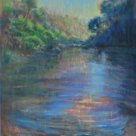 (CreativeWork) PINK Series - A waterhole amongst a valley of gumtrees by Marin Loo. Oil. Shop online at Bluethumb.