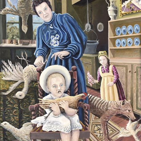 Domestic scene in historical context, family history. This work seeks to reflect the change in value systems between generations; the impact of social change on family and community relationships. In this painting  reality becomes a complex mixture of substance and thought overlapping the present and the past. 
