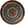 This is a round painting with a black background. In the center are copper colour dots.  Surrounding  these copper raised dots is writing in metallic  copper. This is surrounded by a concentric circle in gold leaf with raised lines. This is surrounded by writing in silver with arabic letters. This is then again surrounded by a concentric circle in gold  then has copper leaf writing on the edges.