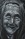 The black marker is randomly scribbling and scratching across the canvas to form a portrait of an old Asian lady smiling with joy without teeth. Her face is creased with lines  throughout her joyful expression.  She is wearing a thin shall over her head that covers her hair
