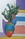 There are cacti and ferns in two large, dominant planters. On the side  are large stripes of colour representing steps. The painting is multicoloured but also with a dominance of white.