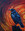 Australian raven on vibrant orange and black background with golden lines